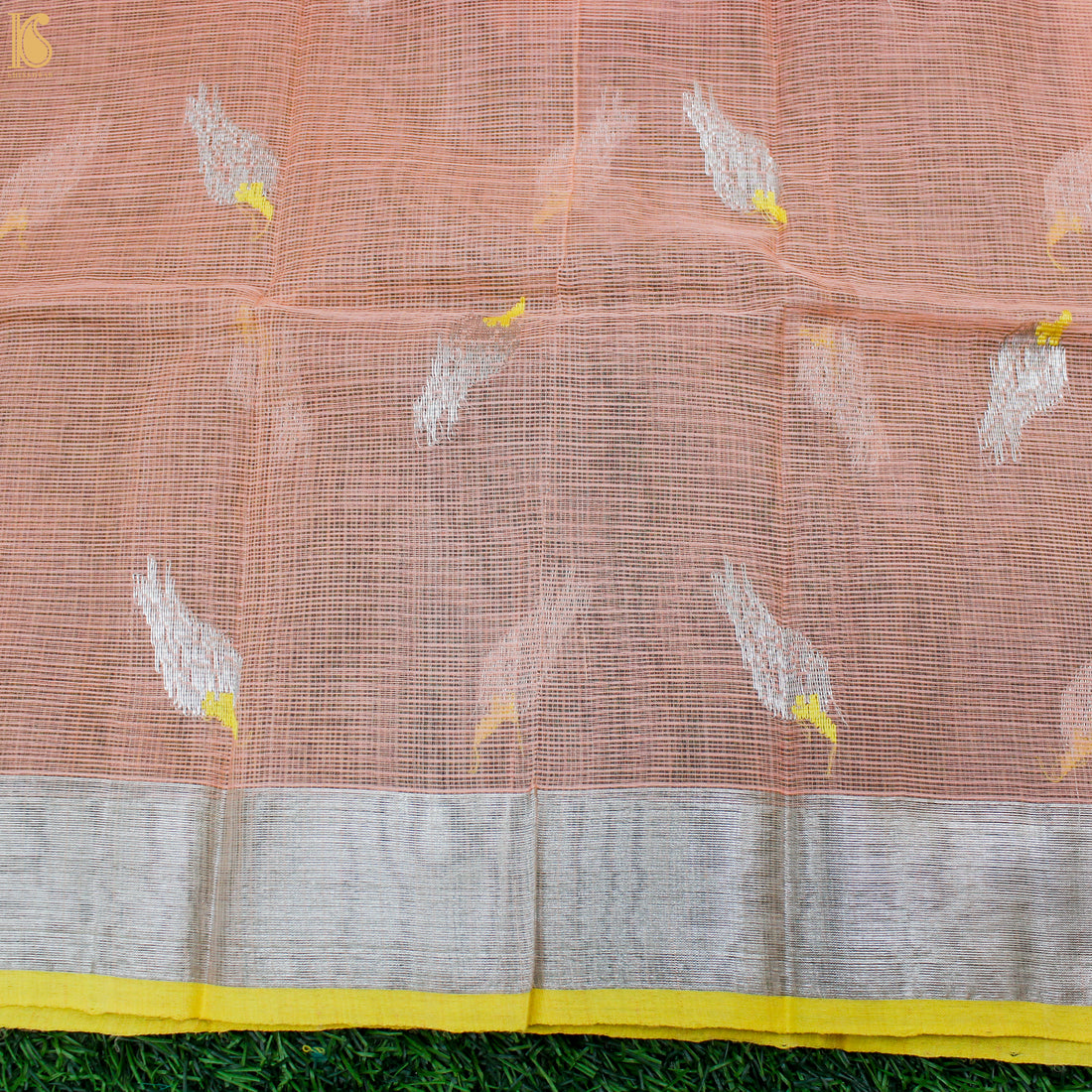 Handwoven Peach Real Zari Kota Blouse Bird Fabric - Khinkhwab
