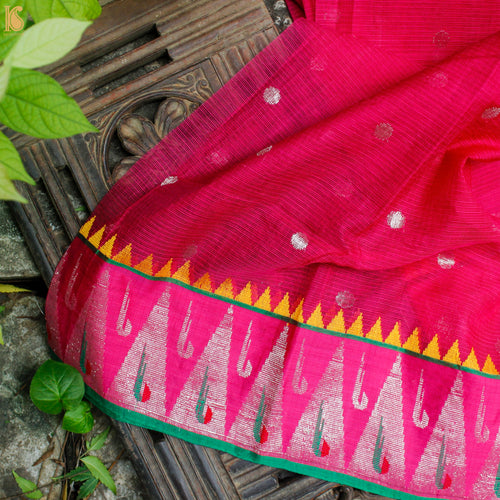 Handwoven Pink Real Zari Kota Blouse Fabric - Khinkhwab
