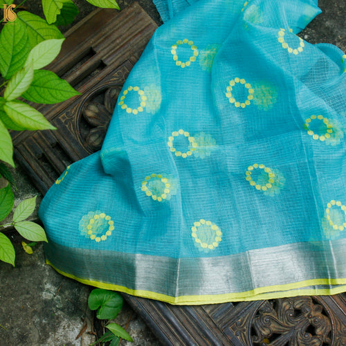 Handwoven Blue Real Zari Kota Blouse Fabric - Khinkhwab