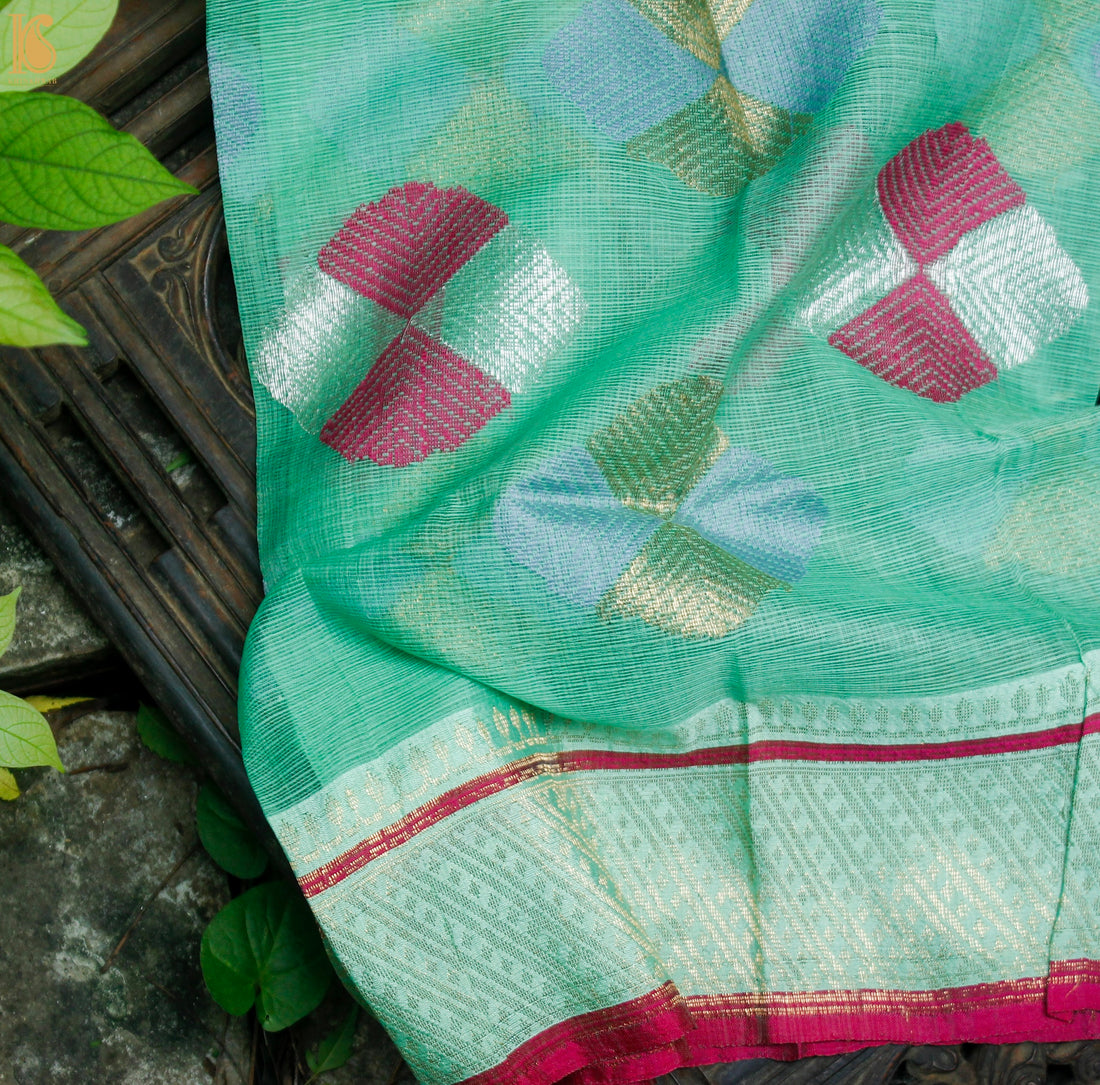 Handwoven Green Real Zari Kota Blouse Fabric - Khinkhwab