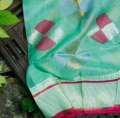 Handwoven Green Real Zari Kota Blouse Fabric - Khinkhwab