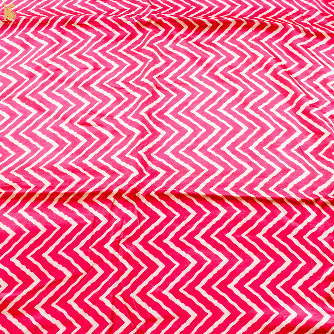 Razzmatazz Pink Pure Mashru Silk Hand Block Chevron Ajrakh Fabric - Khinkhwab