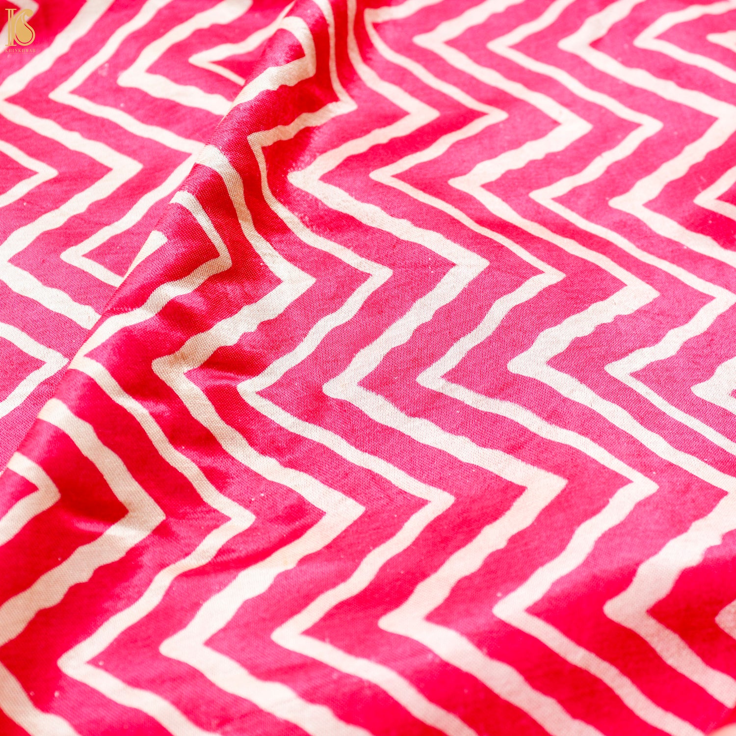 Razzmatazz Pink Pure Mashru Silk Hand Block Chevron Ajrakh Fabric - Khinkhwab