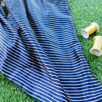 Cerulean Blue Pure Mashru Silk Hand Block Stripes Ajrakh Fabric - Khinkhwab