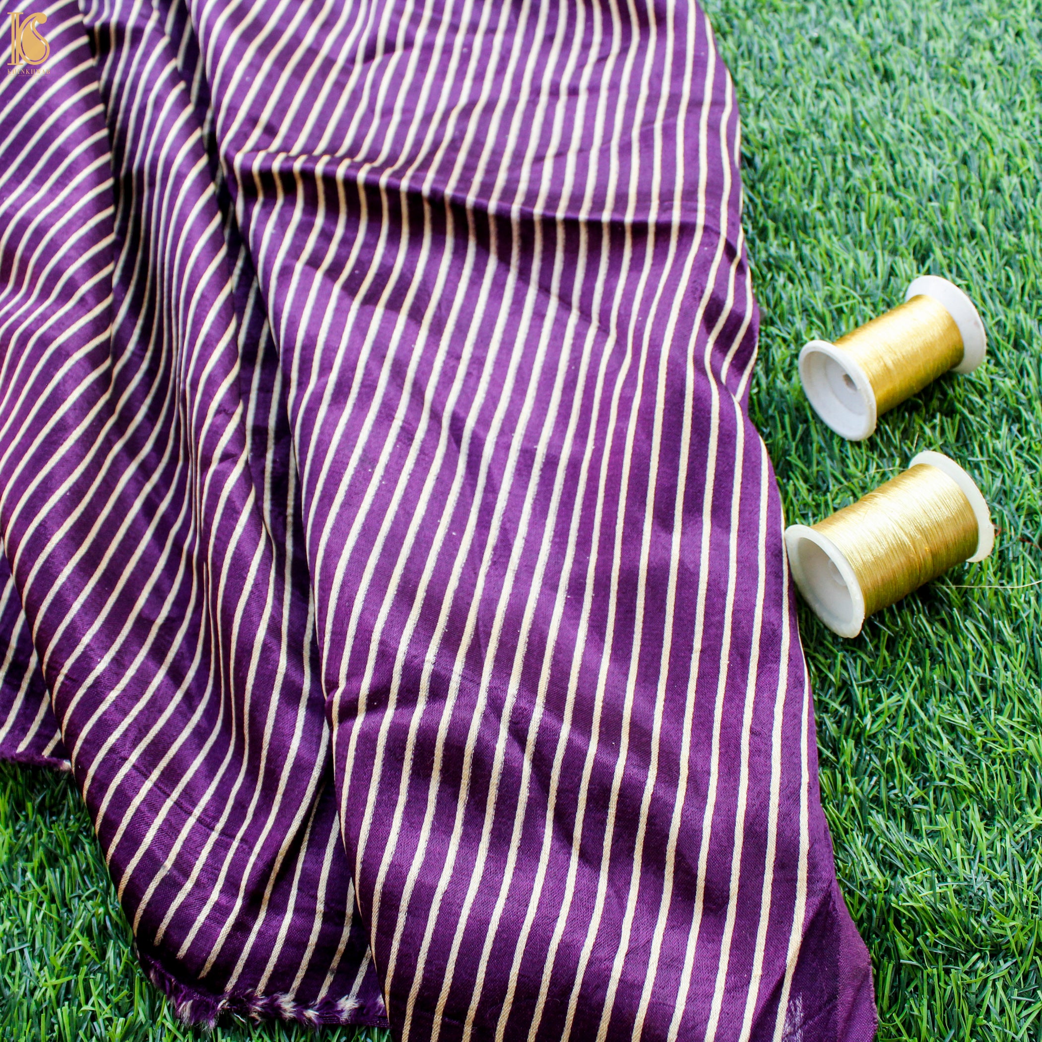 Seance Purple Pure Mashru Silk Hand Block Stripes Ajrakh Fabric - Khinkhwab