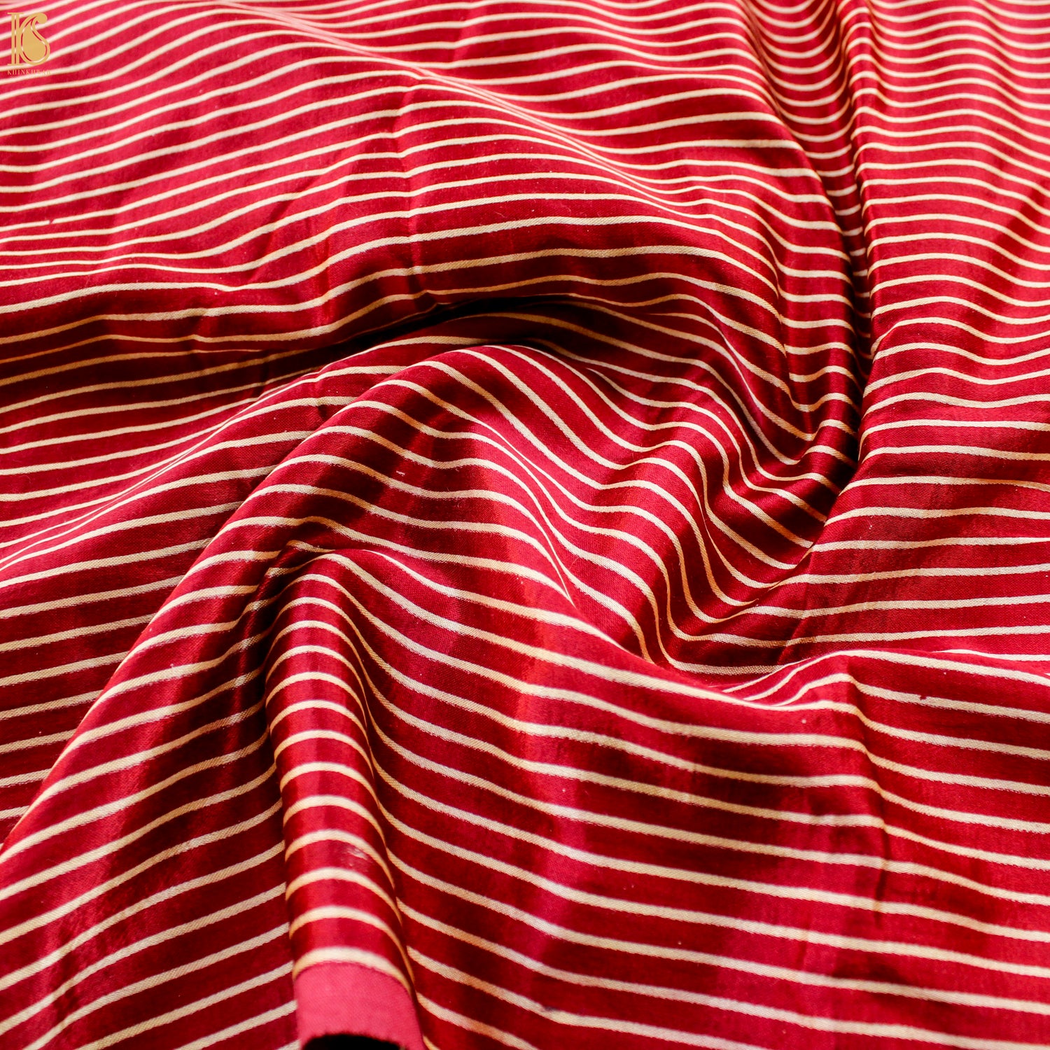 Cardinal Red Pure Mashru Silk Hand Block Stripes Ajrakh Fabric - Khinkhwab