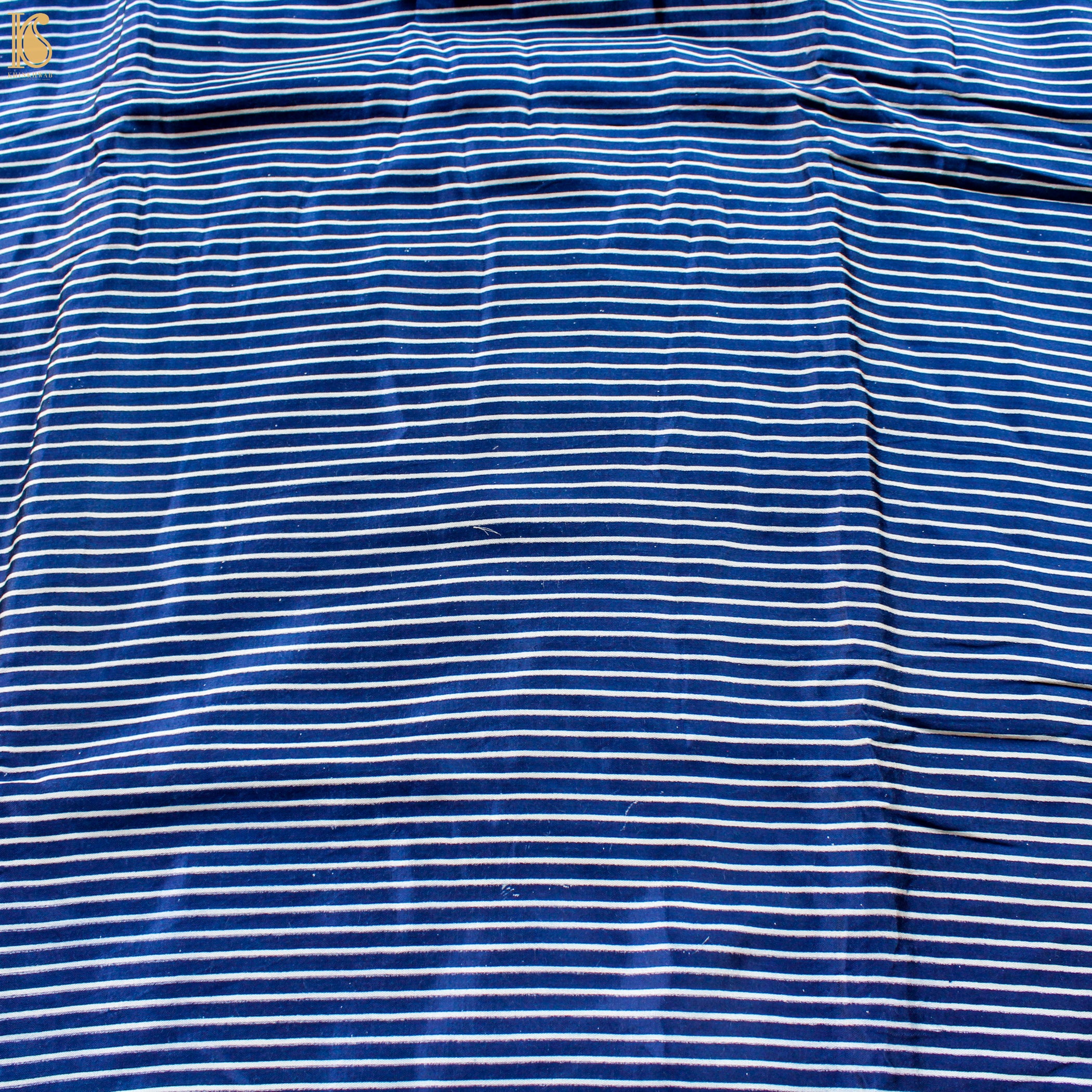 Cerulean Blue Pure Mashru Silk Hand Block Stripes Ajrakh Fabric - Khinkhwab