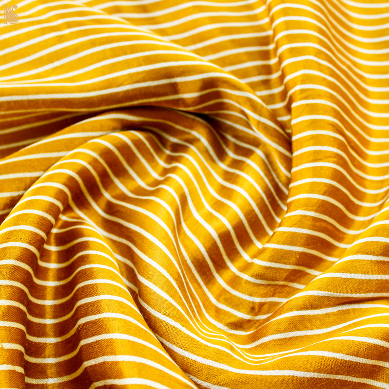 Golden Poppy Pure Mashru Silk Hand Block Stripes Ajrakh Fabric - Khinkhwab