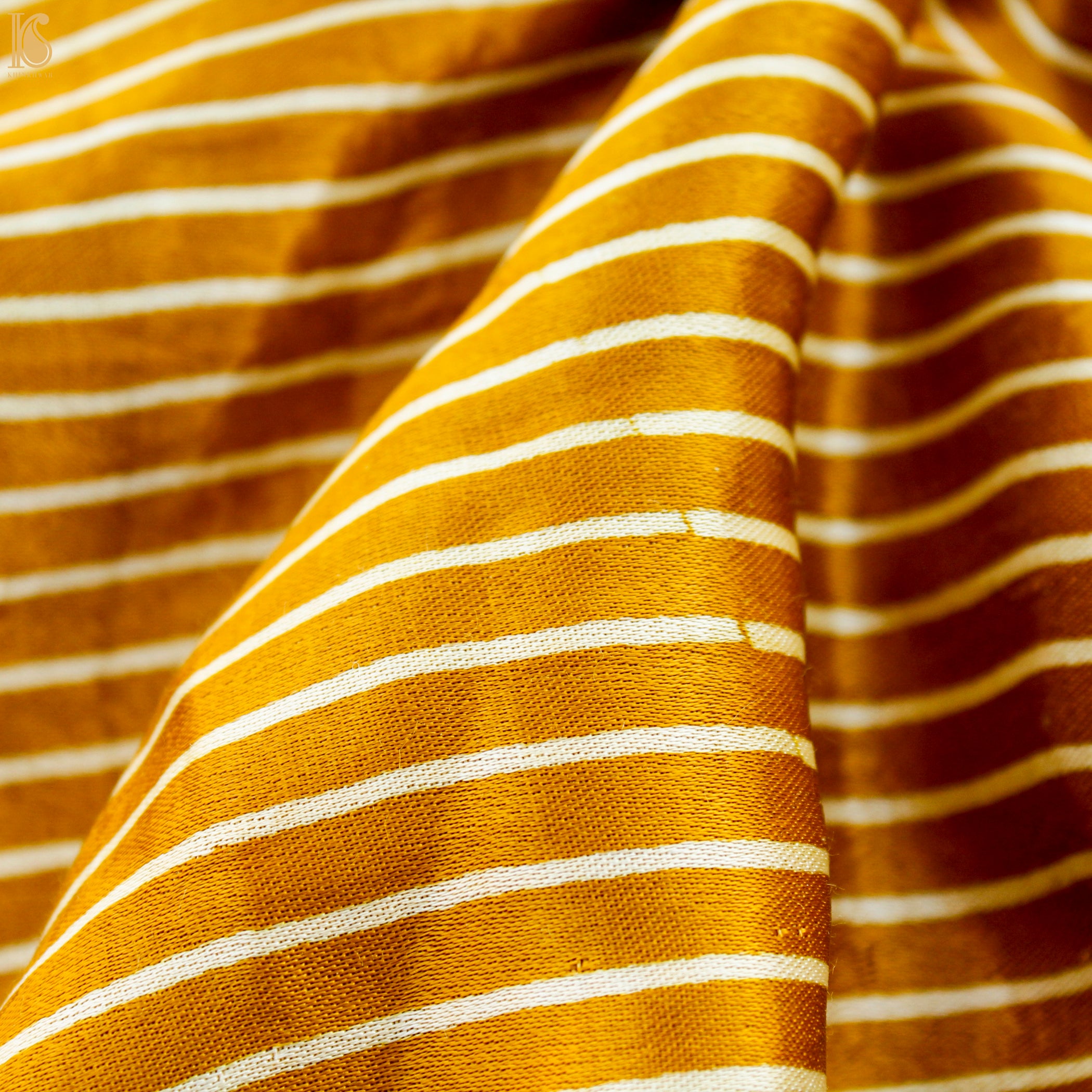 Golden Poppy Pure Mashru Silk Hand Block Stripes Ajrakh Fabric - Khinkhwab