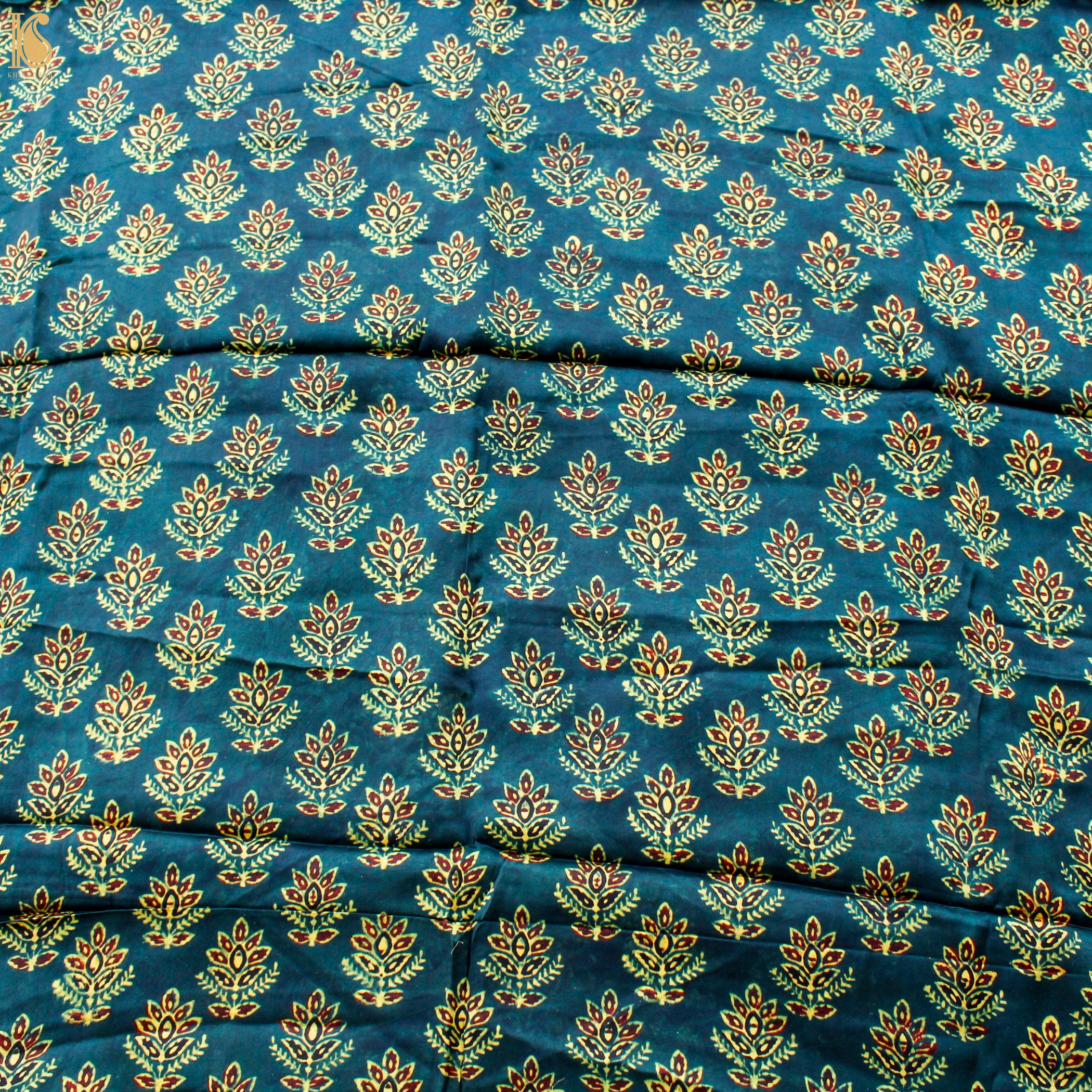 Teal Hand Block Ajrakh Modal Silk Fabric - Khinkhwab