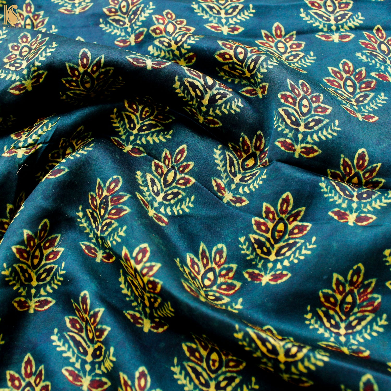 Teal Hand Block Ajrakh Modal Silk Fabric - Khinkhwab