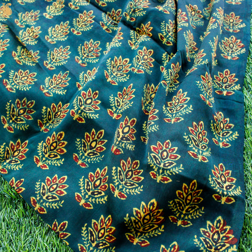 Teal Hand Block Ajrakh Modal Silk Fabric - Khinkhwab