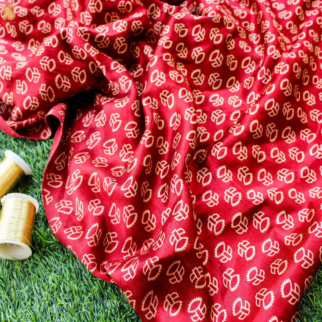 Crimson Red Pure Mashru Silk Hand Block Ajrakh Fabric - Khinkhwab