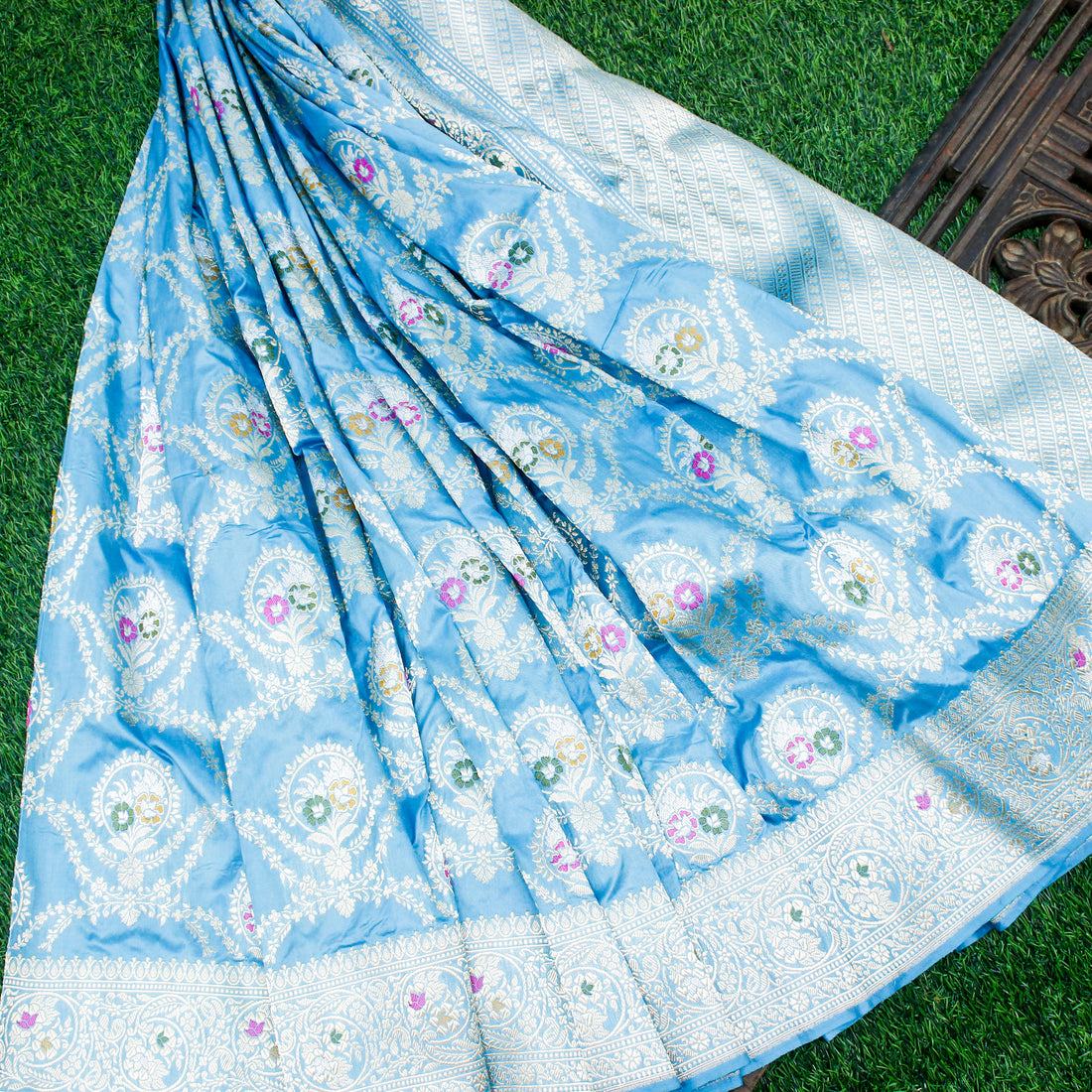 Malibu Blue Pure Katan Silk Handwoven Banarasi Kadwa Saree - Khinkhwab