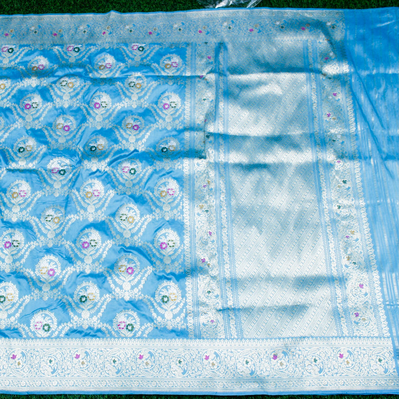 Malibu Blue Pure Katan Silk Handwoven Banarasi Kadwa Saree - Khinkhwab