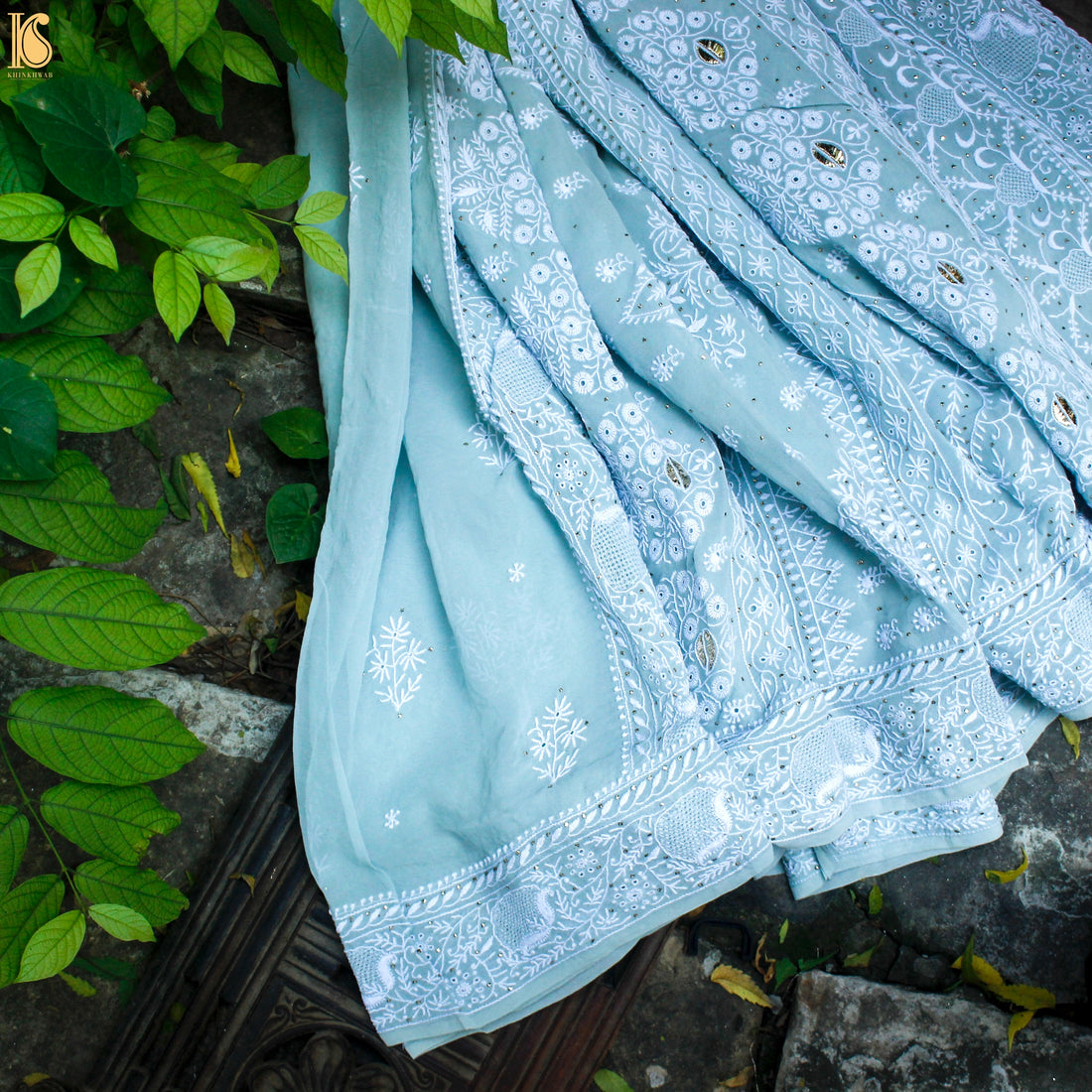 Baby Blue Chikankari Pure Georgette Saree - Khinkhwab