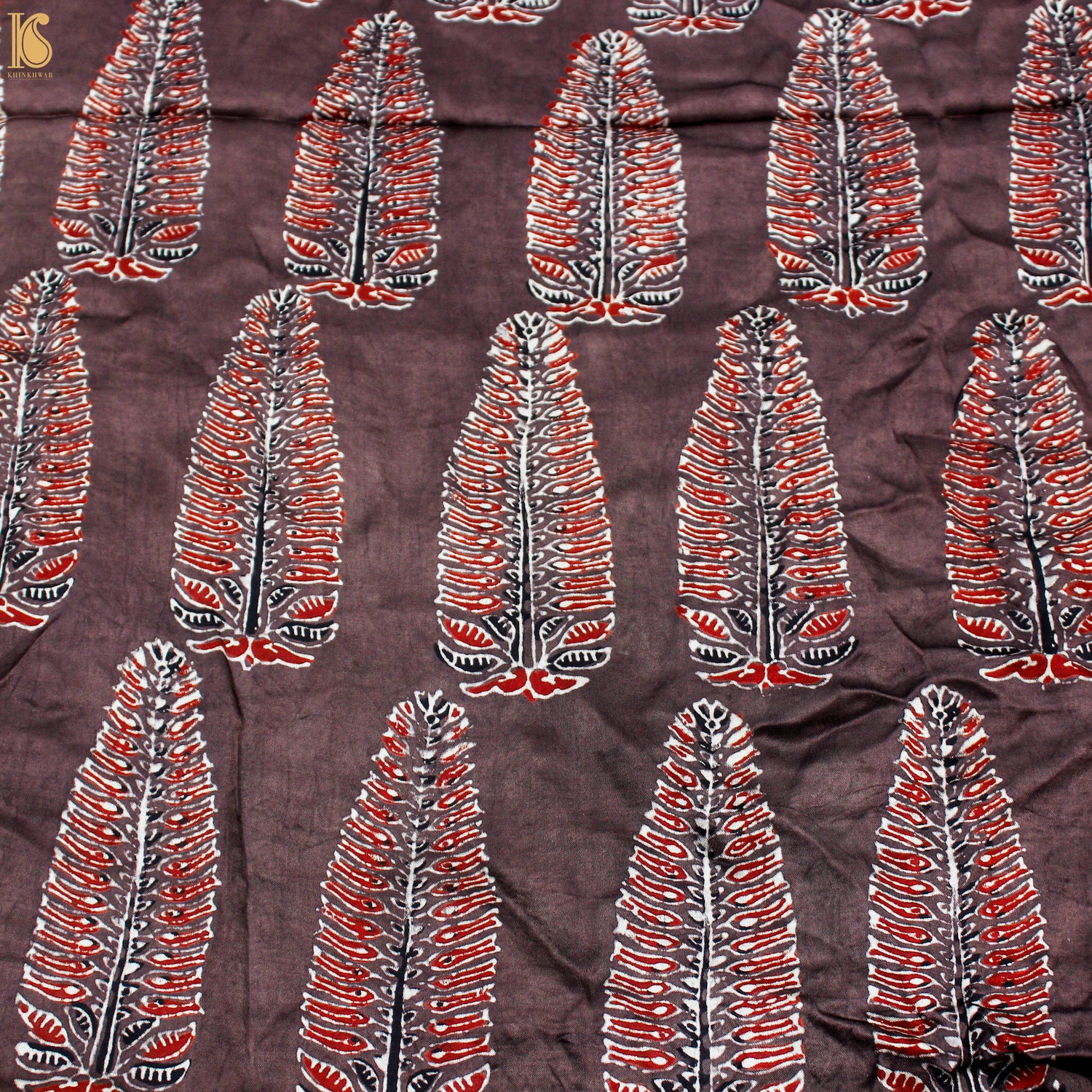 Brown Hand Block Ajrakh Modal Silk Fabric - Khinkhwab