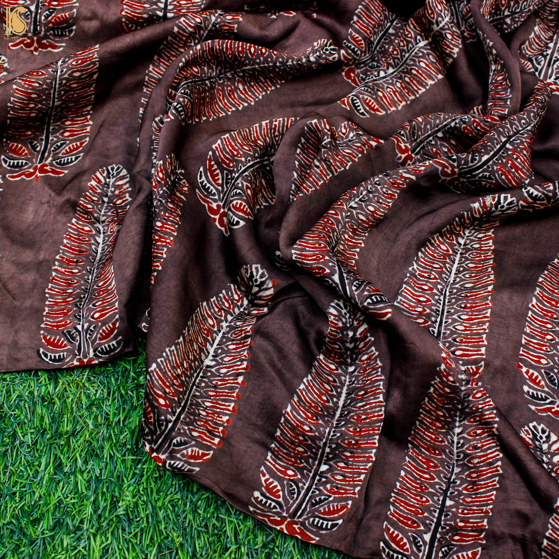 Brown Hand Block Ajrakh Modal Silk Fabric - Khinkhwab