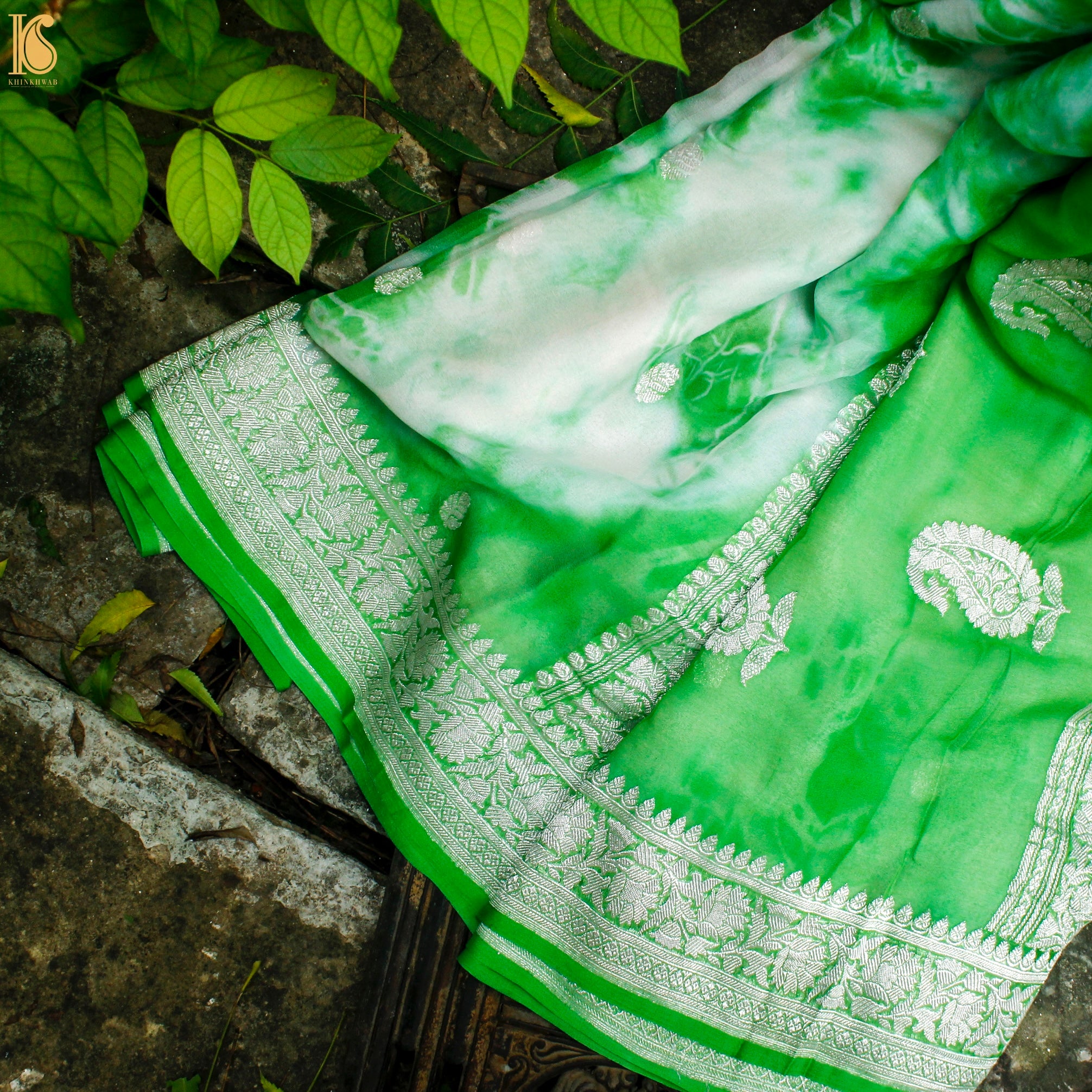 Green Pure Georgette Handloom Banarasi Shibori Saree - Khinkhwab