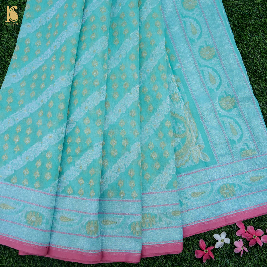 Fountain Blue Pure Cotton Handloom Banarasi Jamdani Ektara Saree - Khinkhwab