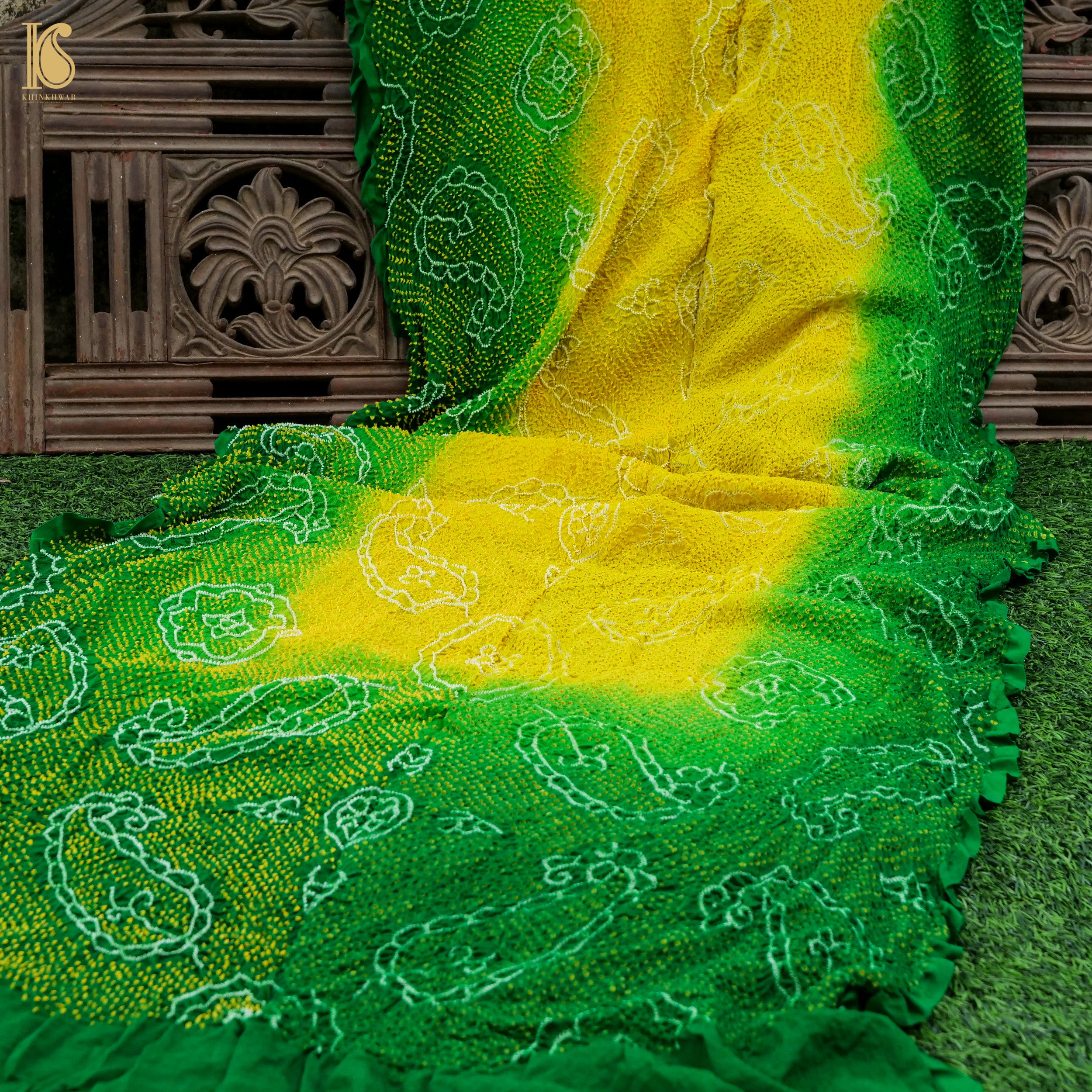Green &amp; Yellow Pure Georgette Handloom Bandhani Saree - Khinkhwab
