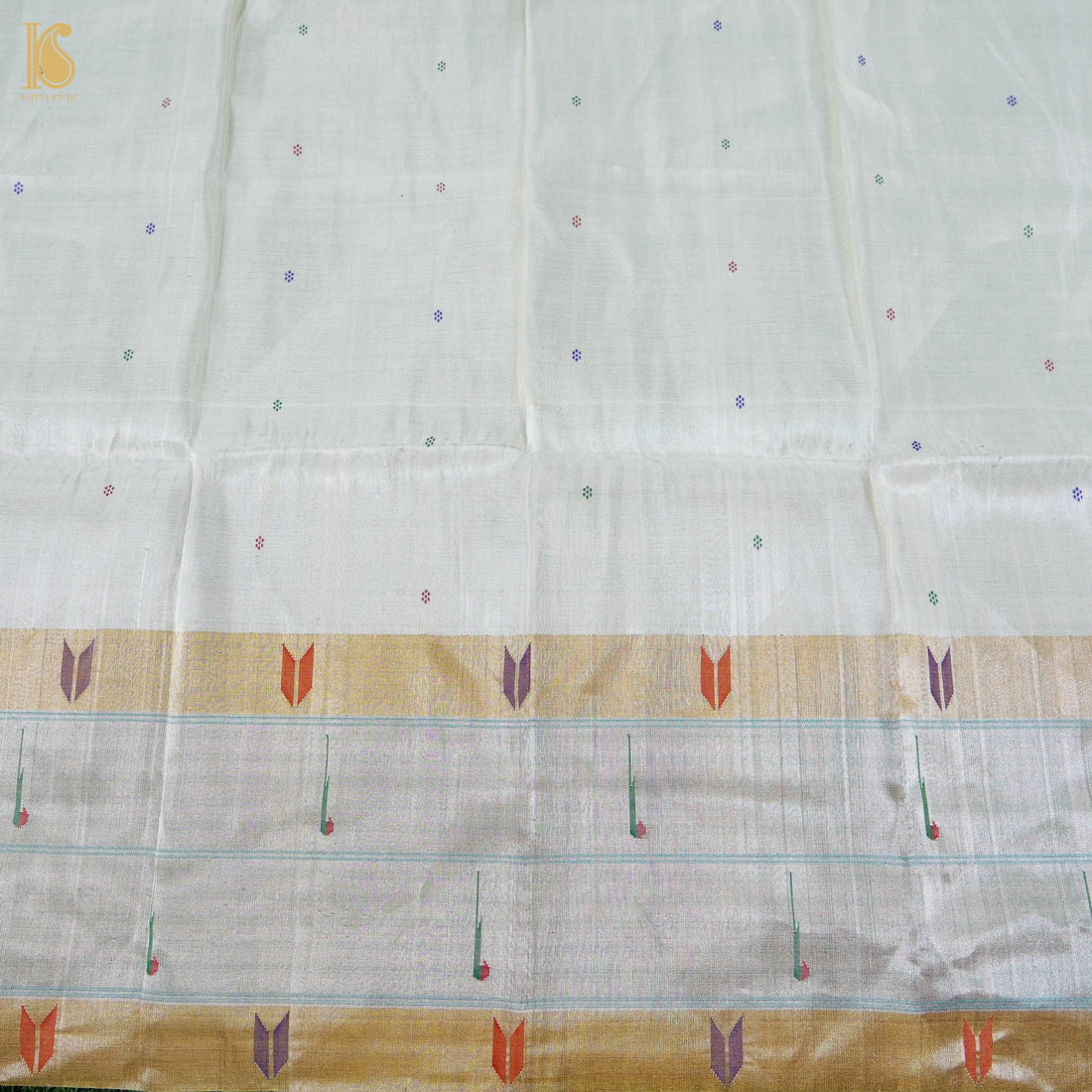 Silver Pure Silk Paithani Handwoven Muniya Border Blouse Piece - Khinkhwab