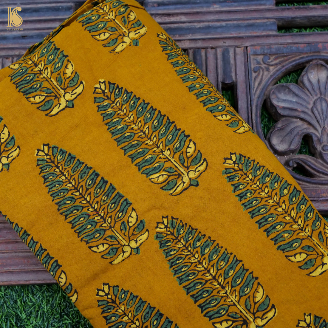 Yellow Hand Block Ajrakh Cotton Fabric - Khinkhwab