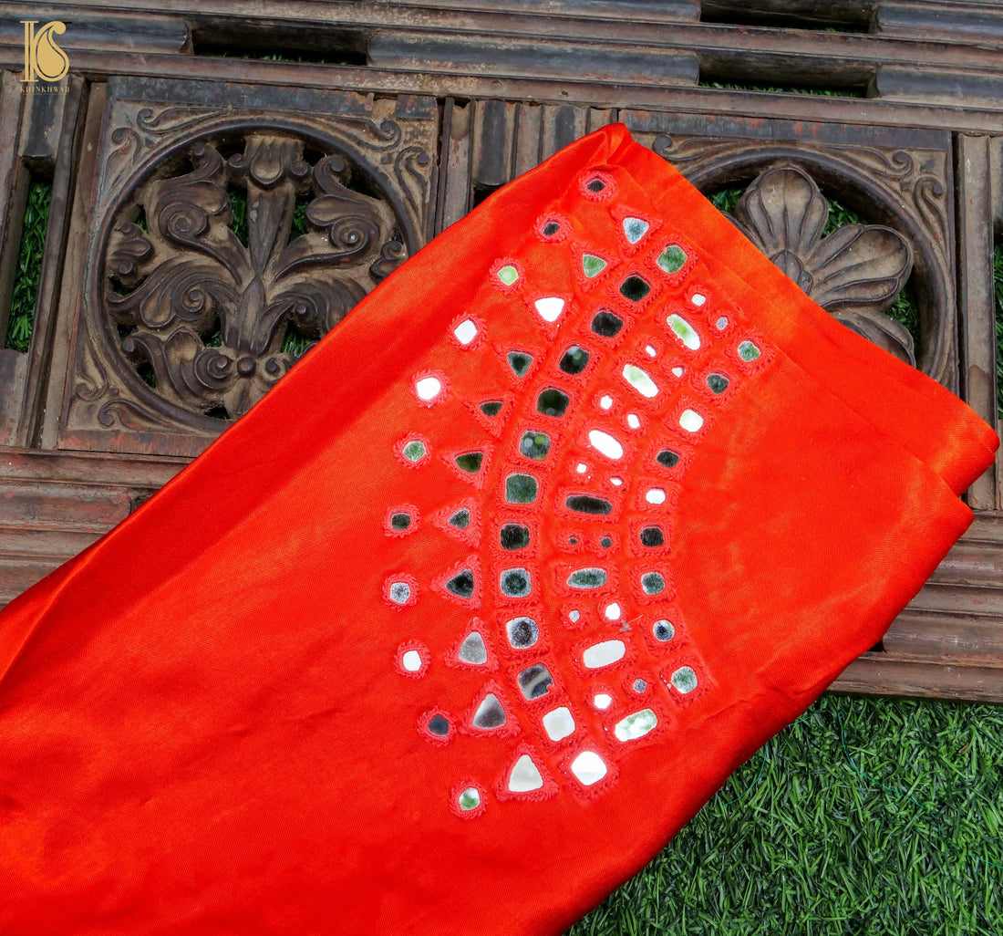 Red Pure Mashru Silk Blouse Fabric with Mirror Work - Khinkhwab