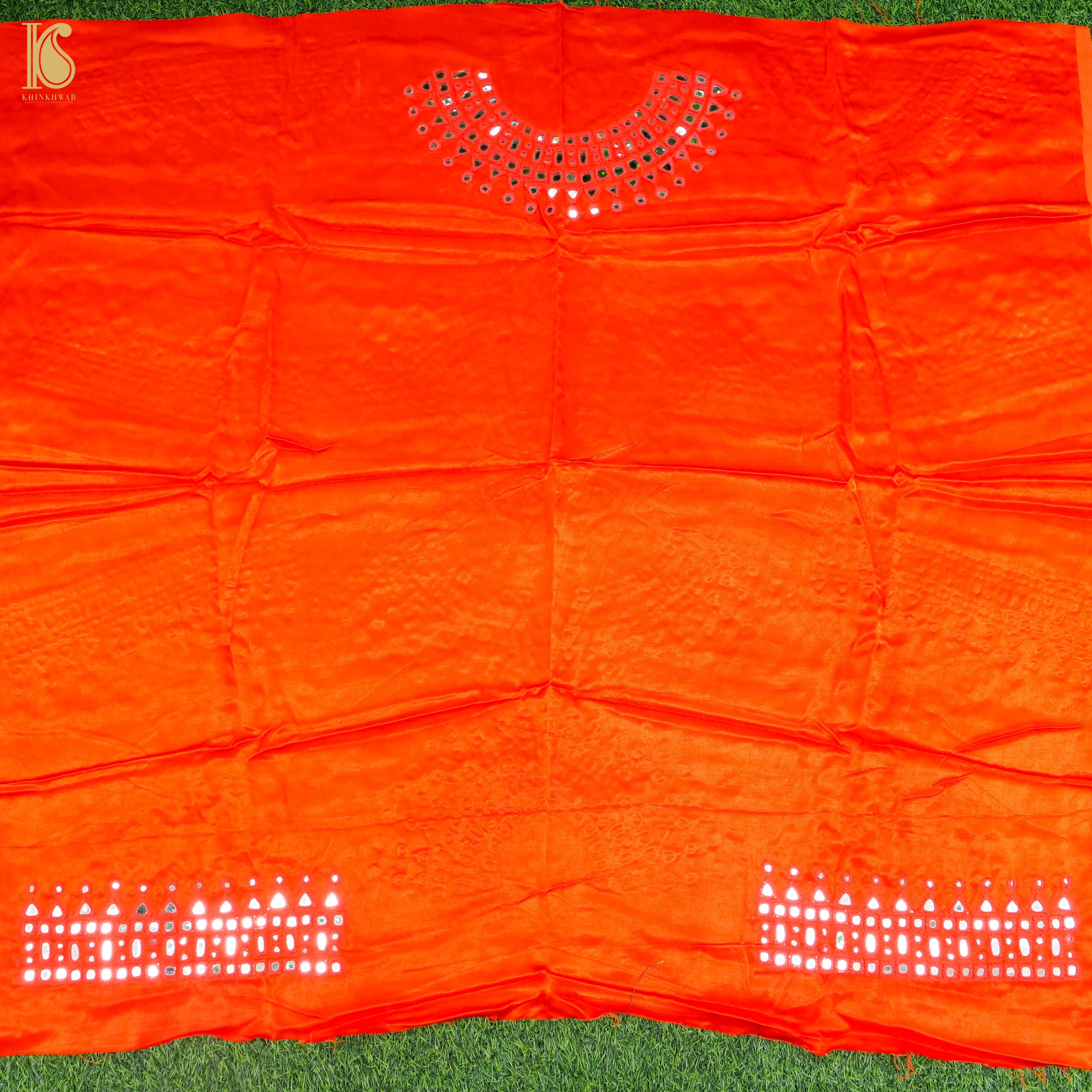Red Pure Mashru Silk Blouse Fabric with Mirror Work - Khinkhwab