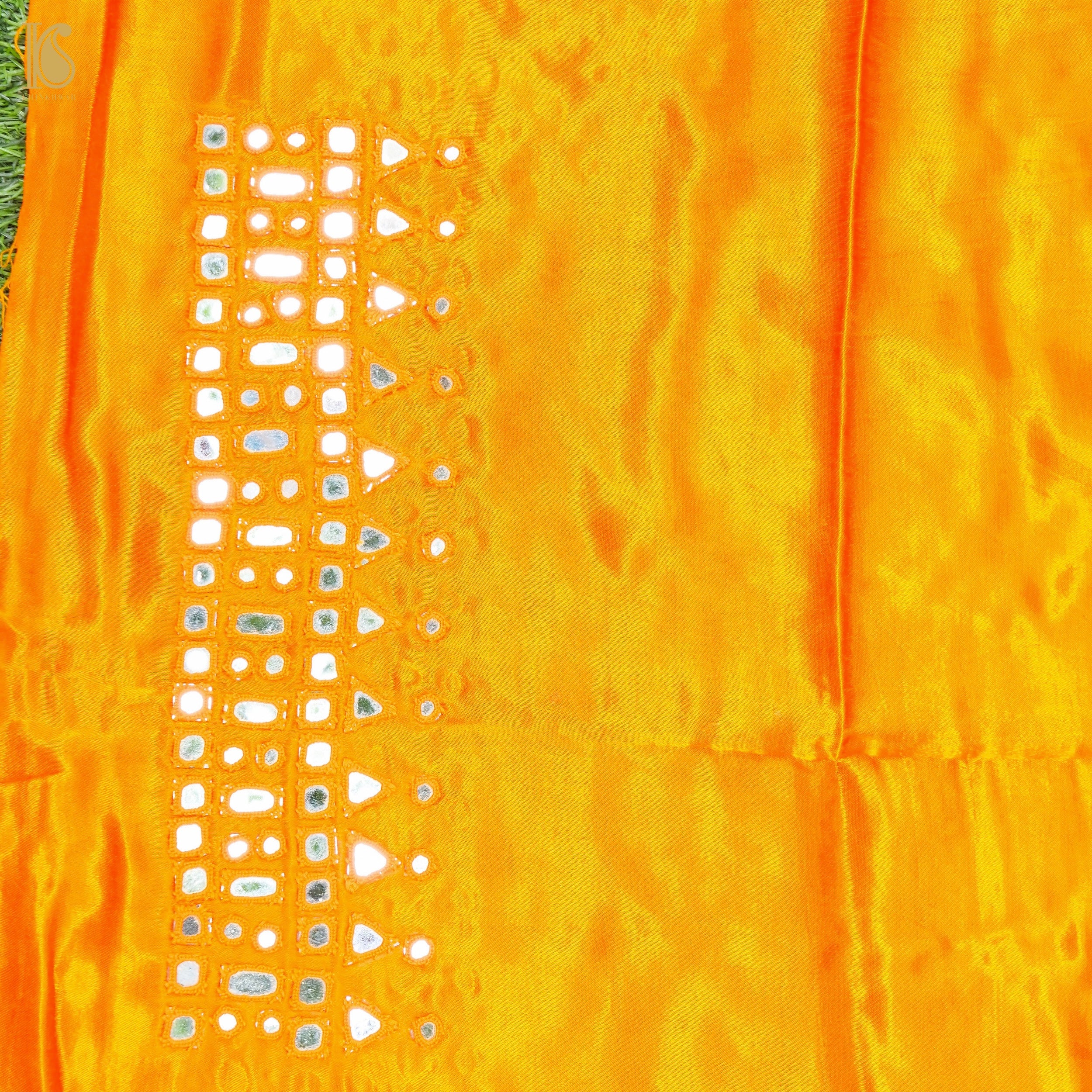 Orange Pure Mashru Silk Blouse Fabric with Mirror Work - Khinkhwab