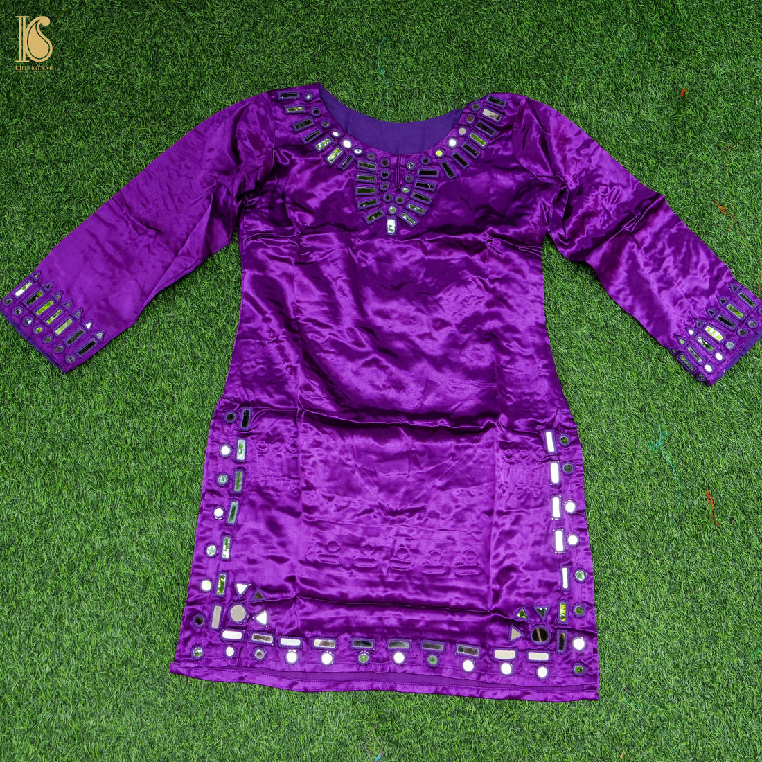 Purple Pure Mashru Silk Stitched Kurta with Mirror Work - Khinkhwab