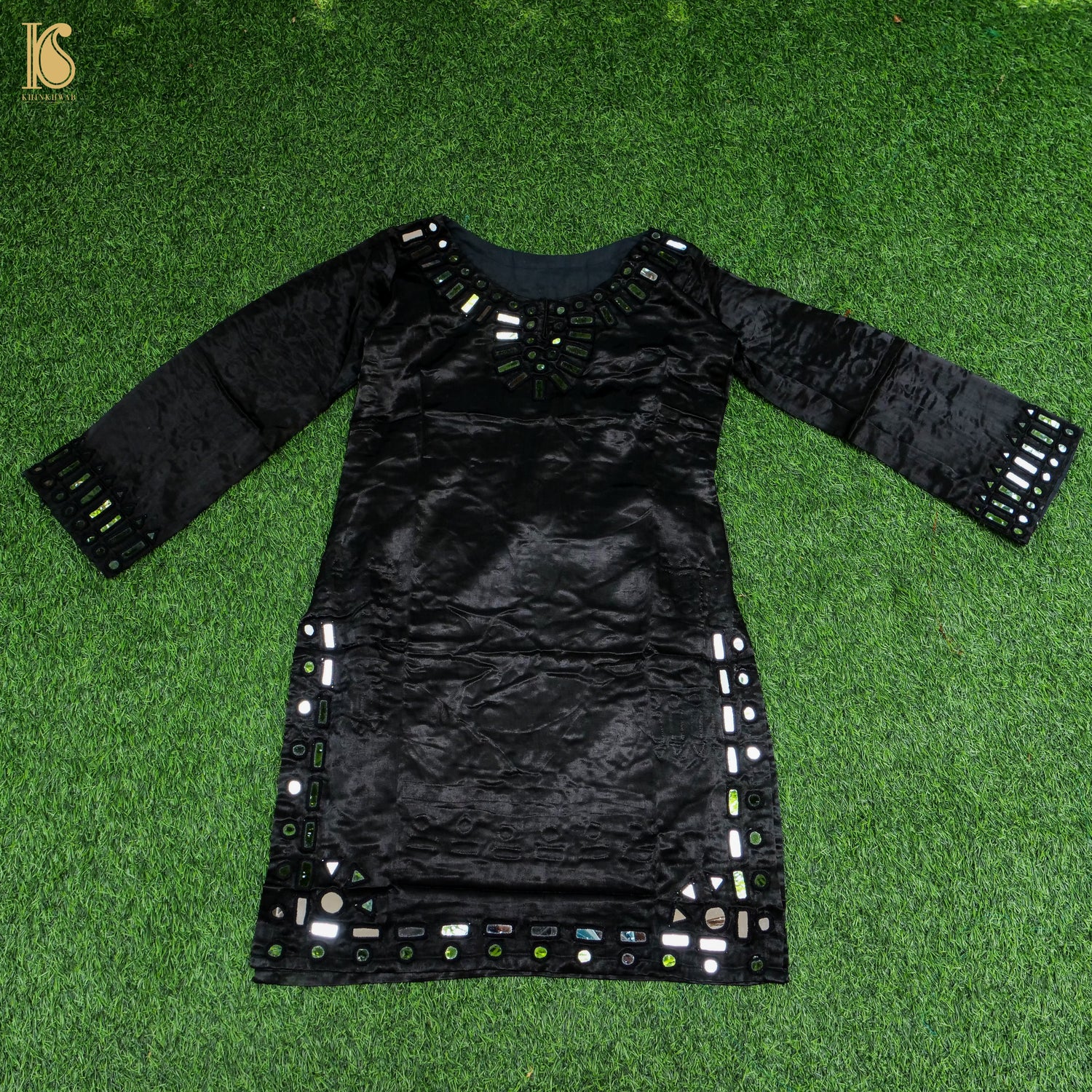 Black Pure Mashru Silk Stitched Kurta with Mirror Work - Khinkhwab