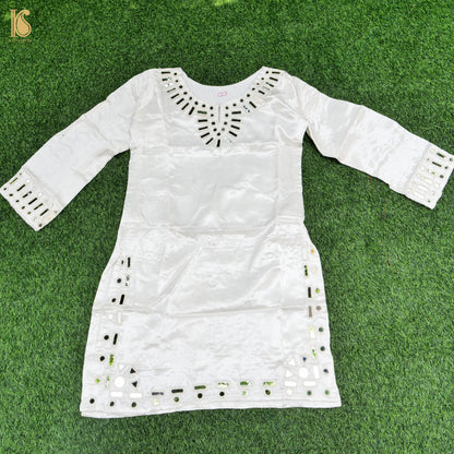 White Pure Mashru Silk Stitched Kurta with Mirror Work - Khinkhwab