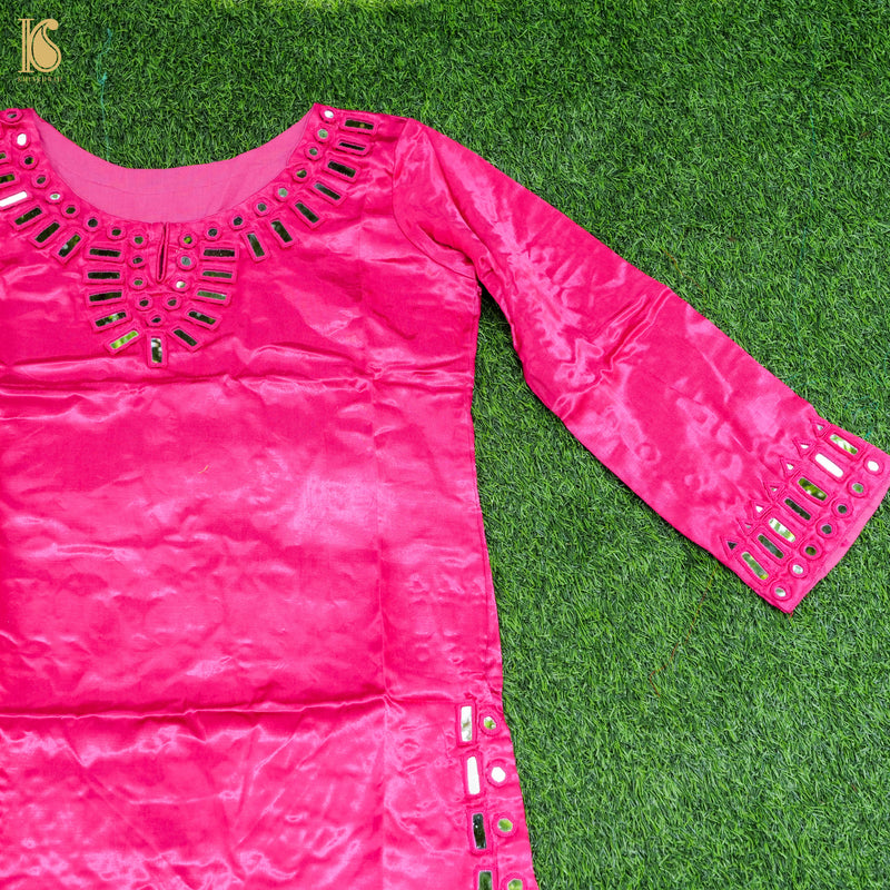 Pink Pure Mashru Silk Stitched Kurta with Mirror Work - Khinkhwab