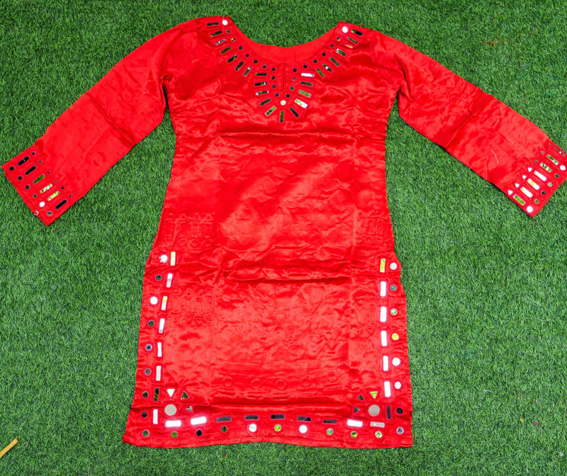Red Pure Mashru Silk Stitched Kurta with Mirror Work - Khinkhwab