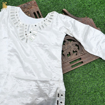 White Pure Mashru Silk Stitched Kurta with Mirror Work - Khinkhwab