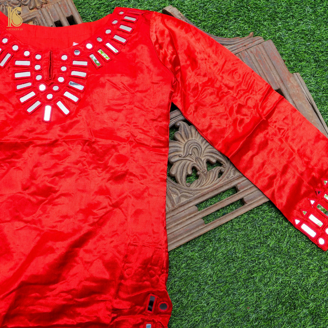 Red Pure Mashru Silk Stitched Kurta with Mirror Work - Khinkhwab