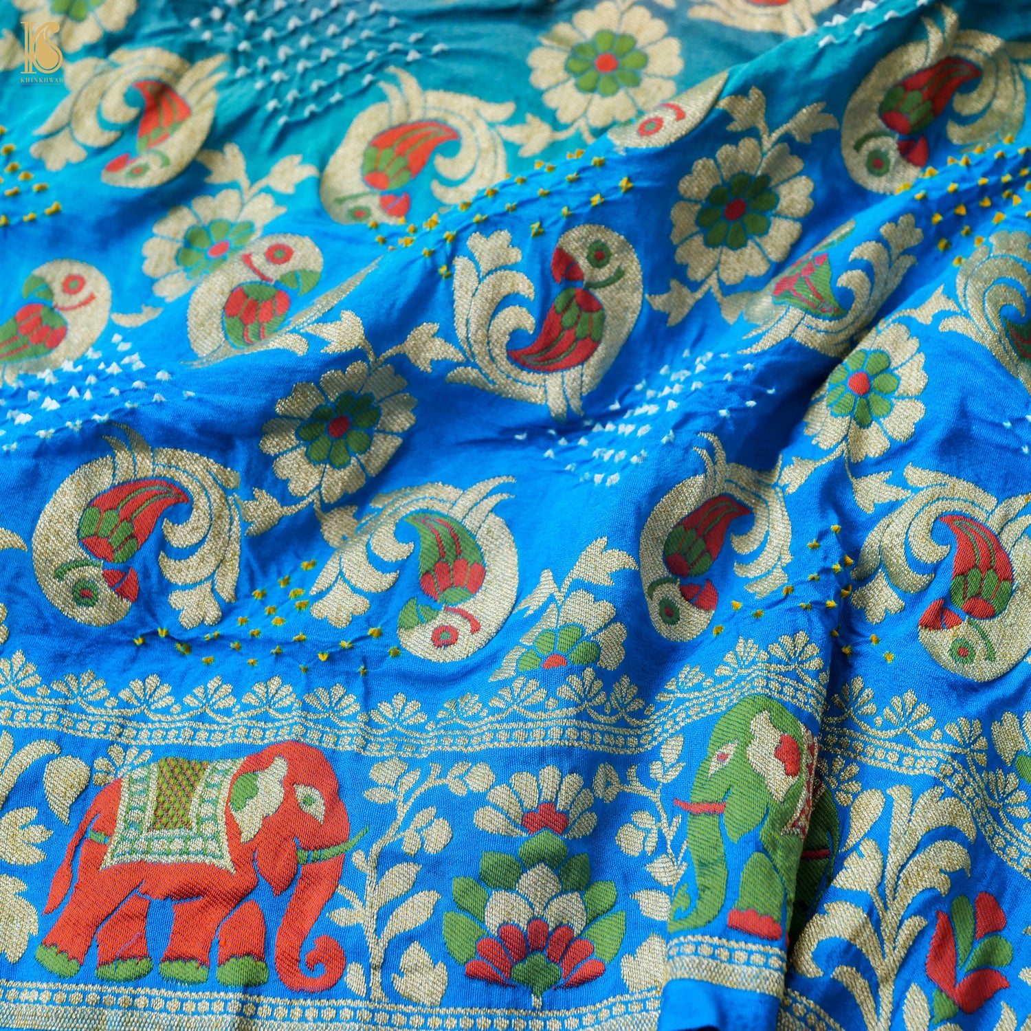 Dodger Blue &amp; Grey Georgette Handloom Bandhani Banarasi Parrot Dupatta - Khinkhwab