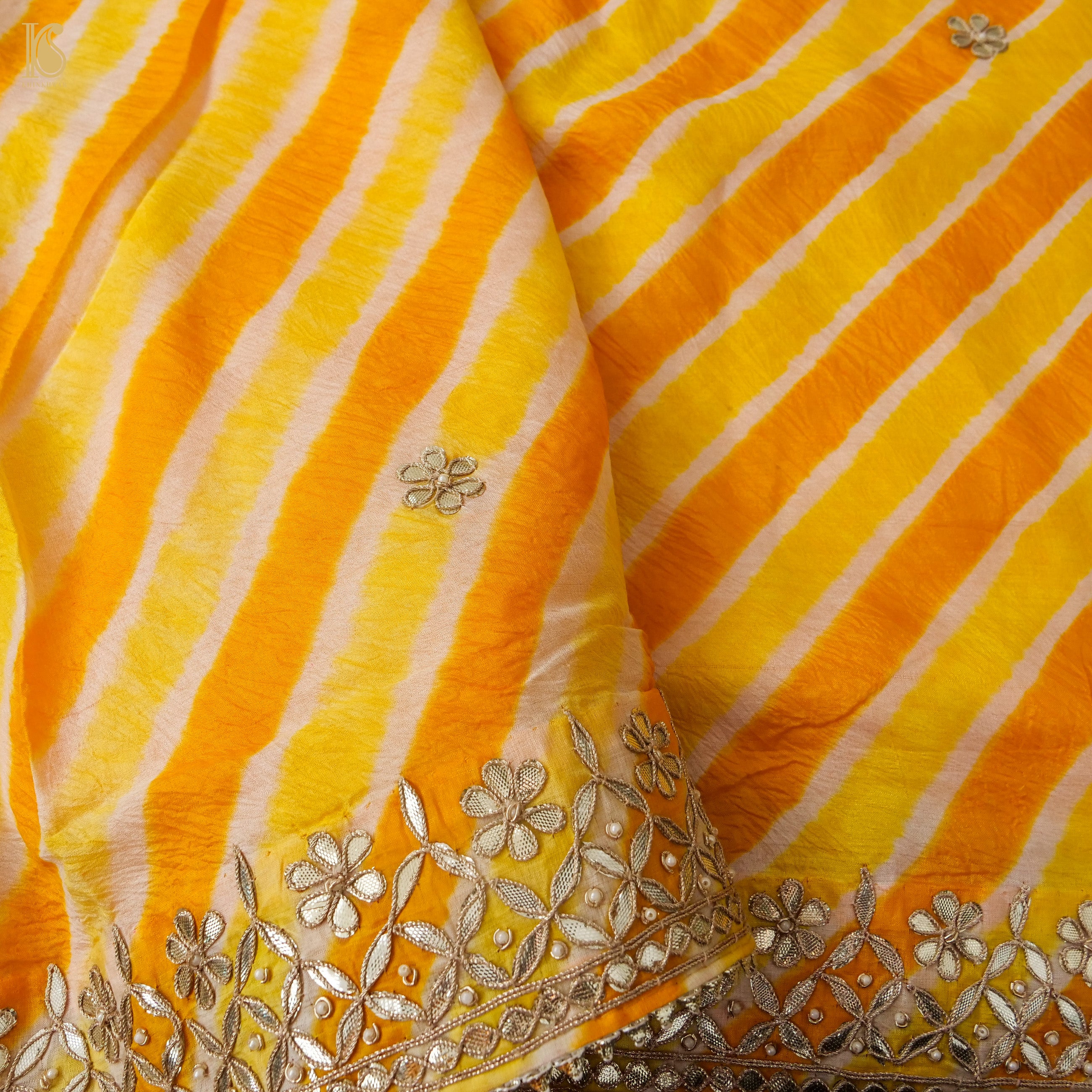 Yellow - Leheriya Tie-Dye Tussar Silk Handloom Dupatta with Tassels