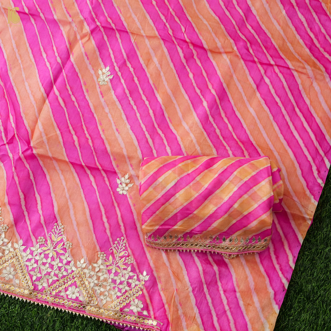 Pink Leheriya Pure Tussar Silk Gotta Patti Unstitched Suit Set - Khinkhwab