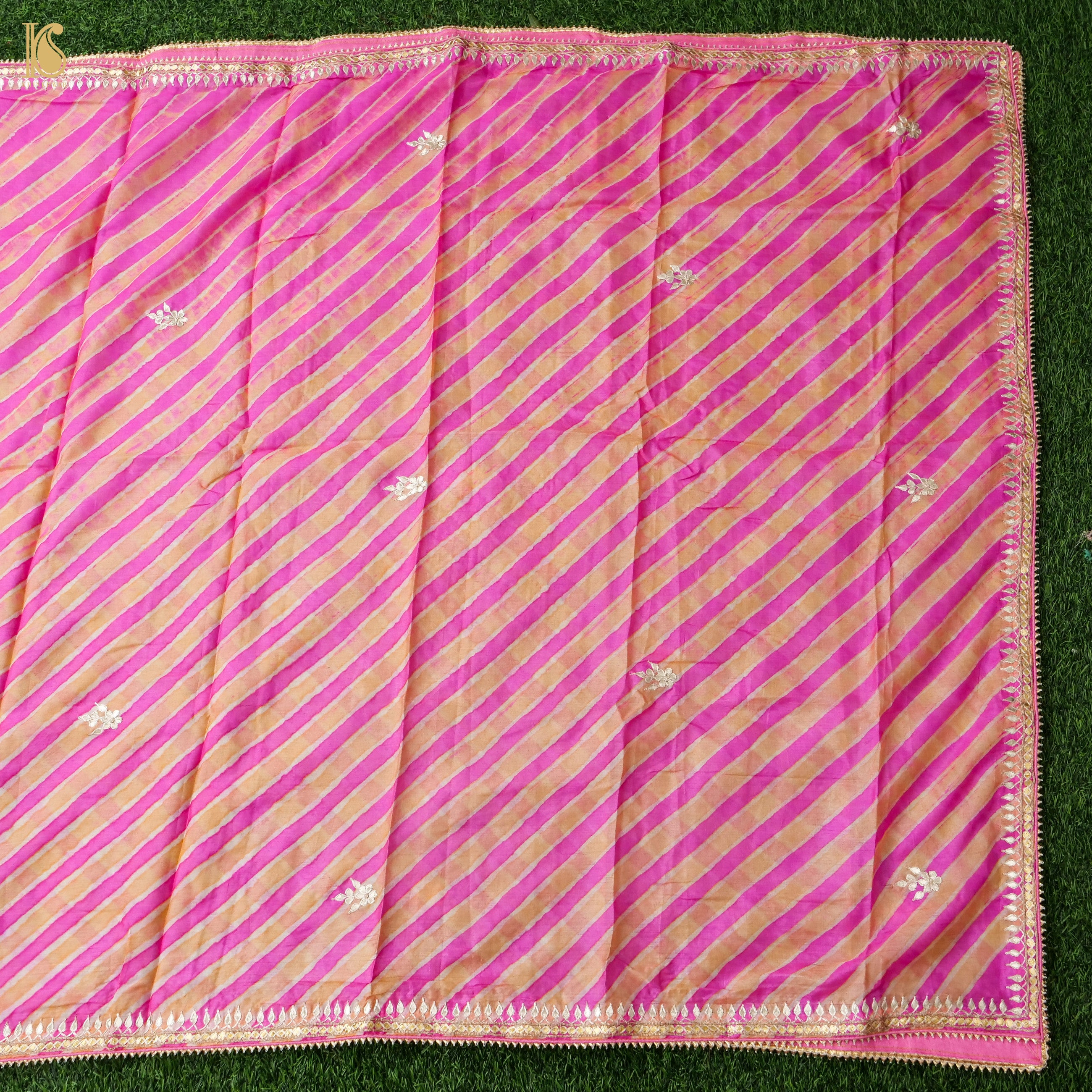 Pink Leheriya Pure Tussar Silk Gotta Patti Unstitched Suit Set - Khinkhwab