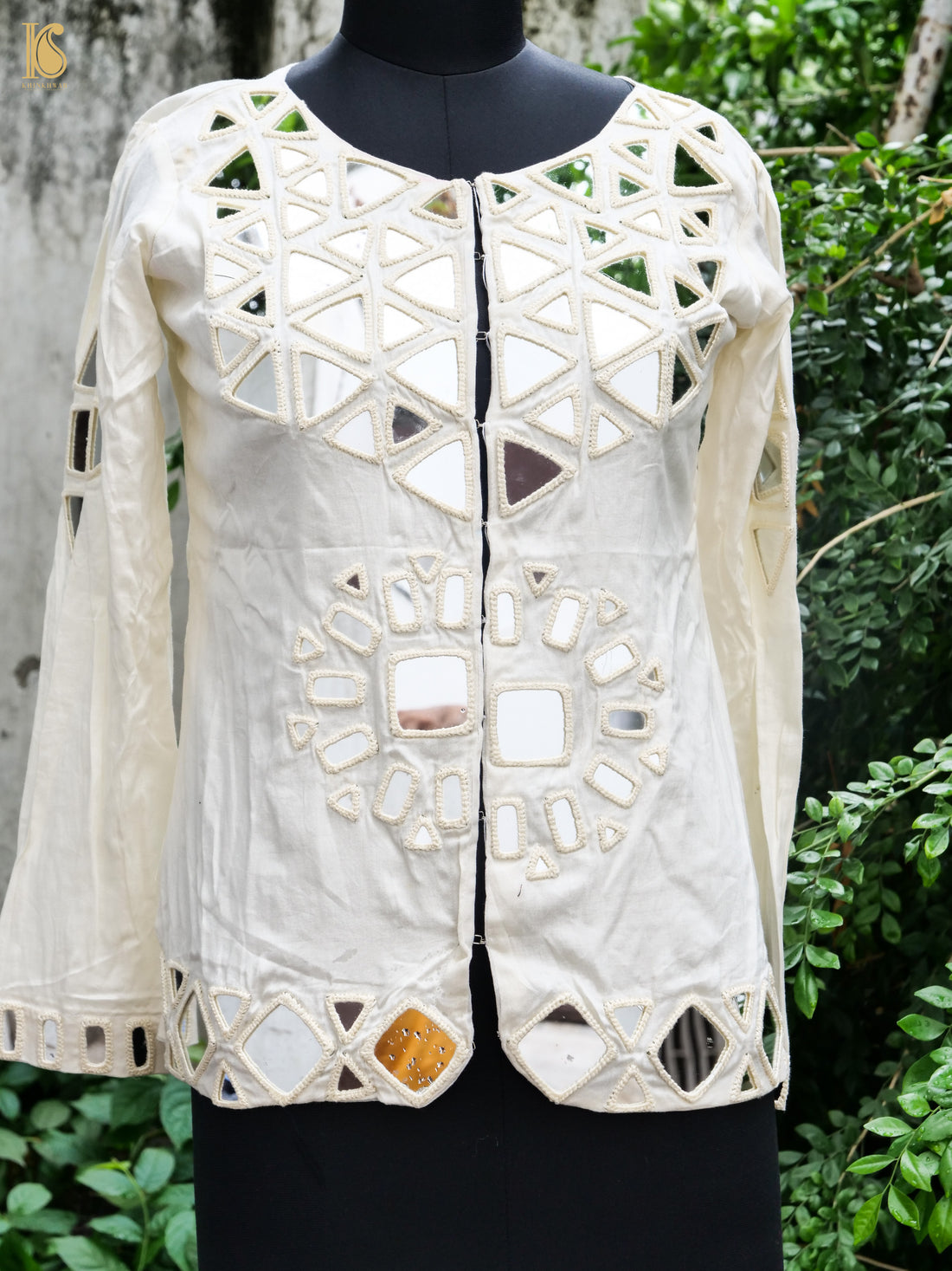 White Pure Mashru Silk Stitched Jacket with Mirror Work - Khinkhwab