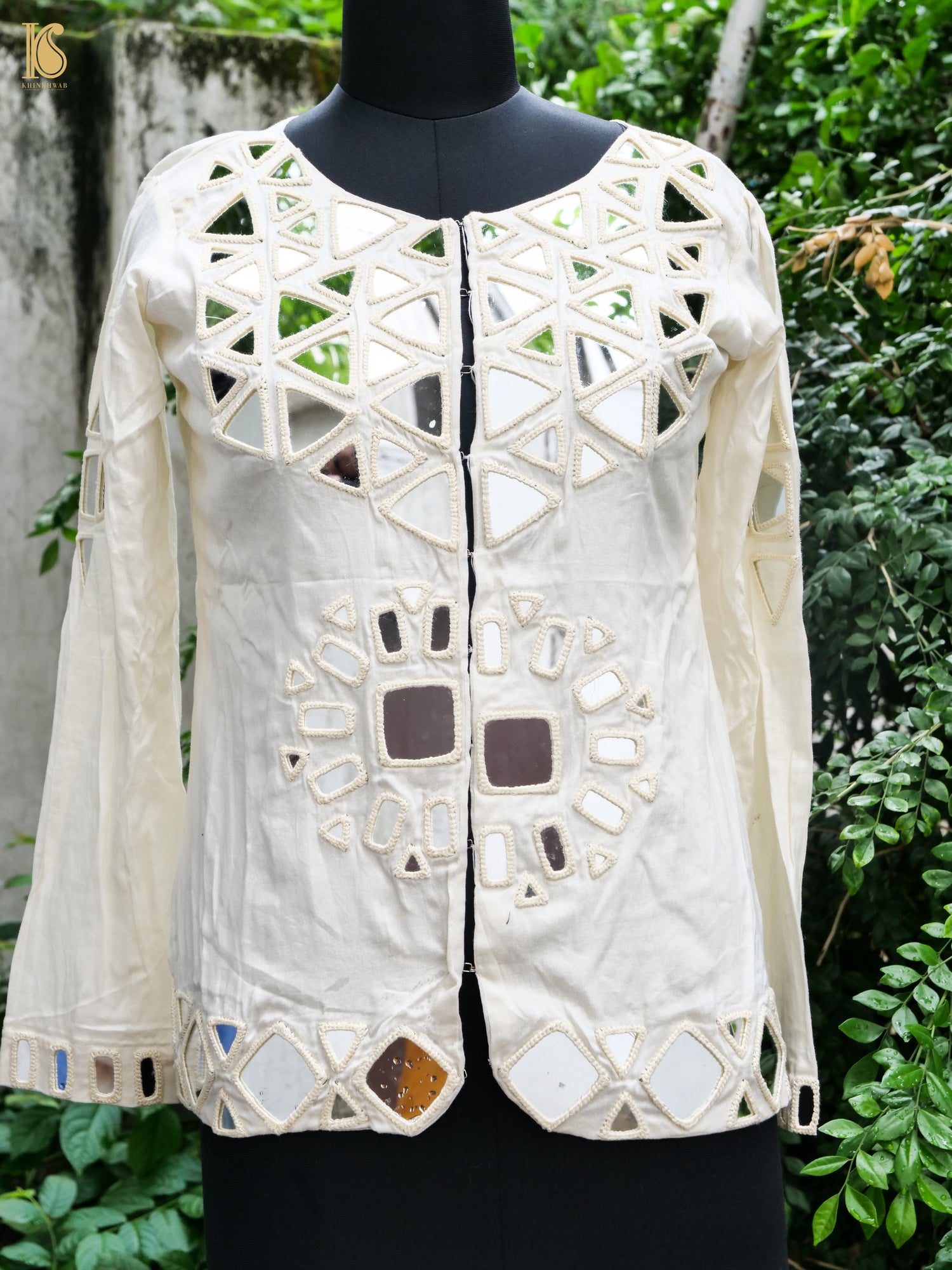 White Pure Mashru Silk Stitched Jacket with Mirror Work - Khinkhwab