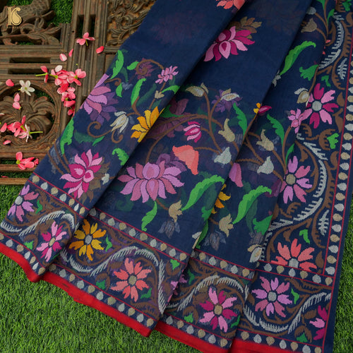Midnight Blue Handwoven Pure Cotton Real Zari Neelambari Banarasi Saree - Preorder - Khinkhwab