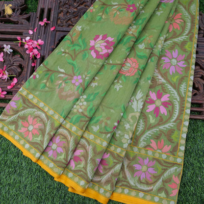 Highland Green Handwoven Pure Cotton Real Silver Zari Banarasi Saree - Preorder - Khinkhwab