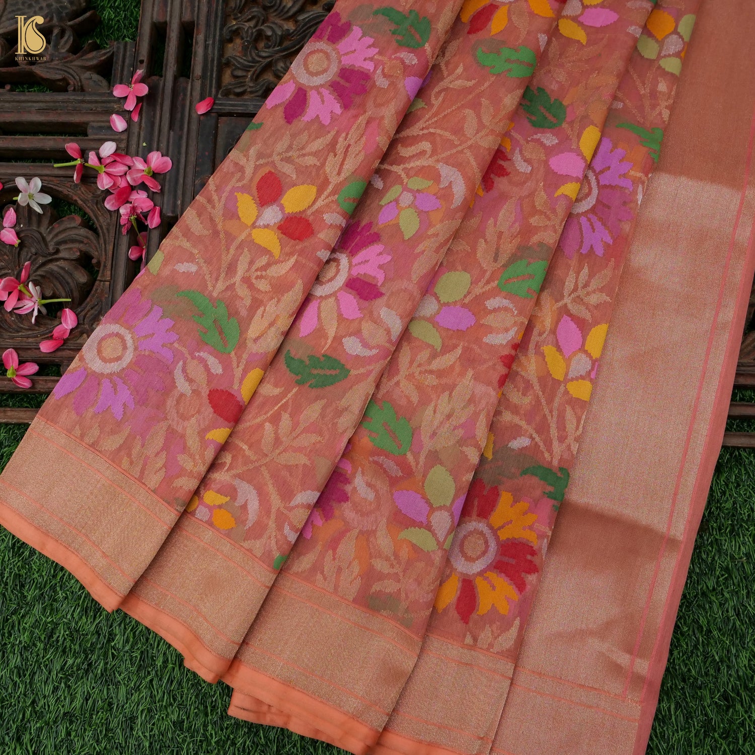 Japonica Pink Handwoven Pure Cotton Real Silver Zari Banarasi Saree - Preorder - Khinkhwab