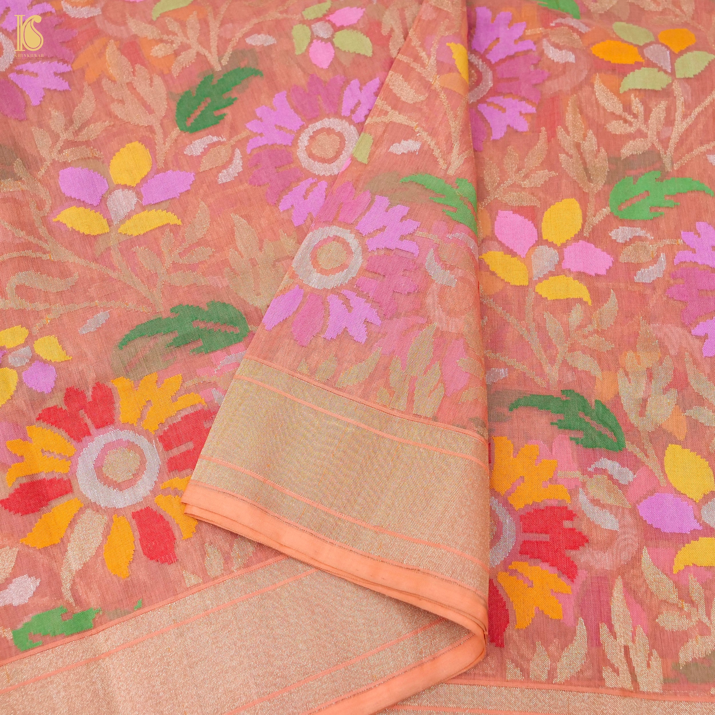 Japonica Pink Handwoven Pure Cotton Real Silver Zari Banarasi Saree - Preorder - Khinkhwab