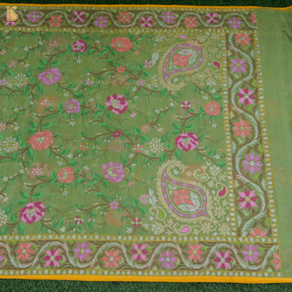 Highland Green Handwoven Pure Cotton Real Silver Zari Banarasi Saree - Preorder - Khinkhwab