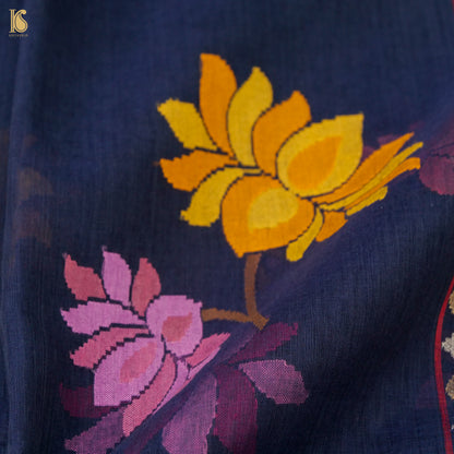 Midnight Blue Handwoven Pure Cotton Real Zari Neelambari Banarasi Saree - Preorder - Khinkhwab