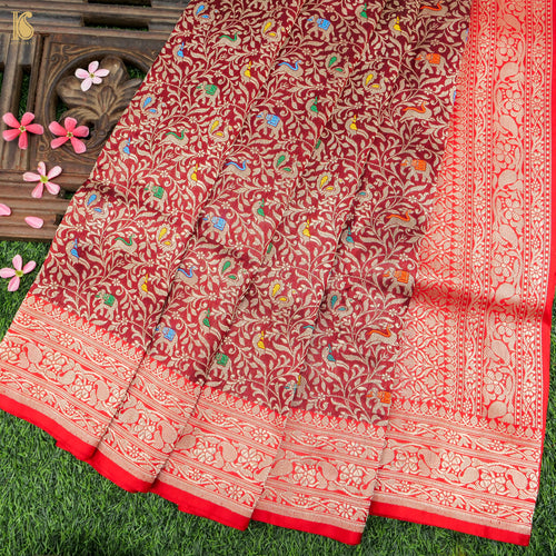 Carmine Red Handloom Katan Silk Banarasi Shikargah Saree - Khinkhwab